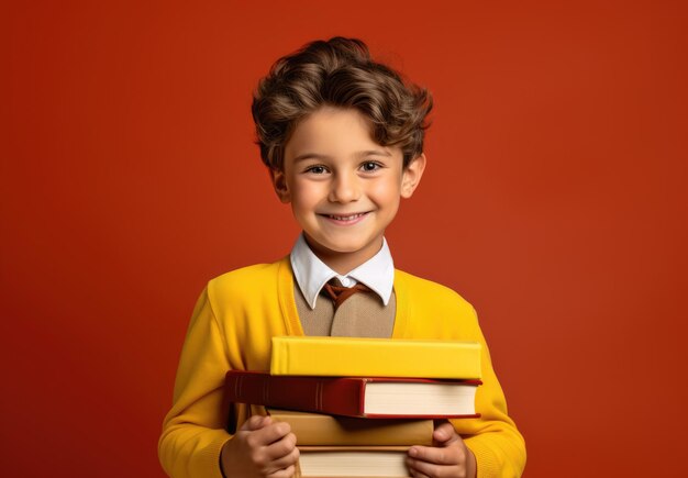 Ritratto ragazzino con libri su sfondo colorato