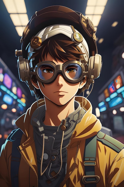 Ritratto ravvicinato dello spettacolo cyberpunk del ragazzo adolescente anime con gli occhiali AI generativo