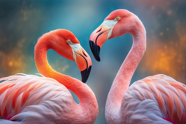 Ritratto ravvicinato di due uccelli fenicotteri su sfondo color pastello IA generativa