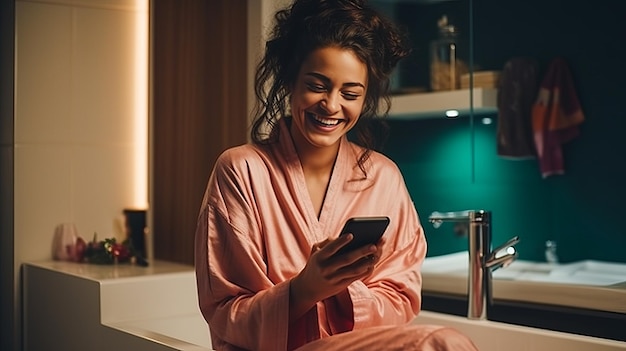 Ritratto ravvicinato di giovane donna felice in accappatoio seduta in cucina e utilizzando il telefono cellulare