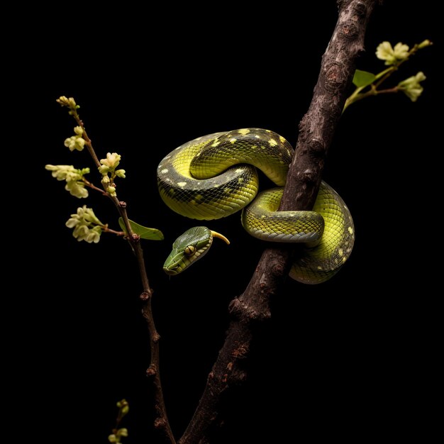 ritratto ravvicinato di serpente verde o serpente d'albero isolato su sfondo nero