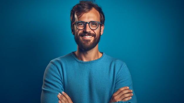 Ritratto ravvicinato di un bell'uomo barbuto elegante che indossa occhiali e sorride Creato con la tecnologia Generative AI