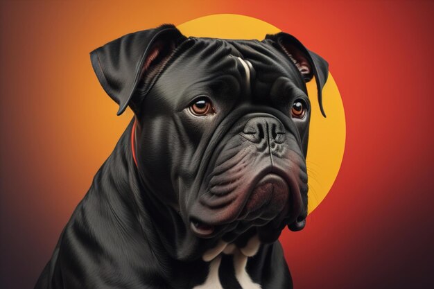Ritratto ravvicinato di un carino cane nero su uno sfondo arancione ai generativo