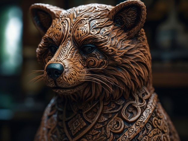 Ritratto ravvicinato di un panda rosso con sfondo di elementi di scultura in legno ornamento orientale