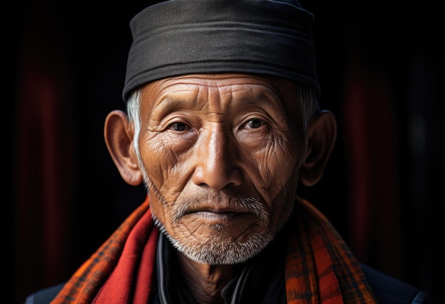 Ritratto ravvicinato di un uomo anziano di aspetto asiatico