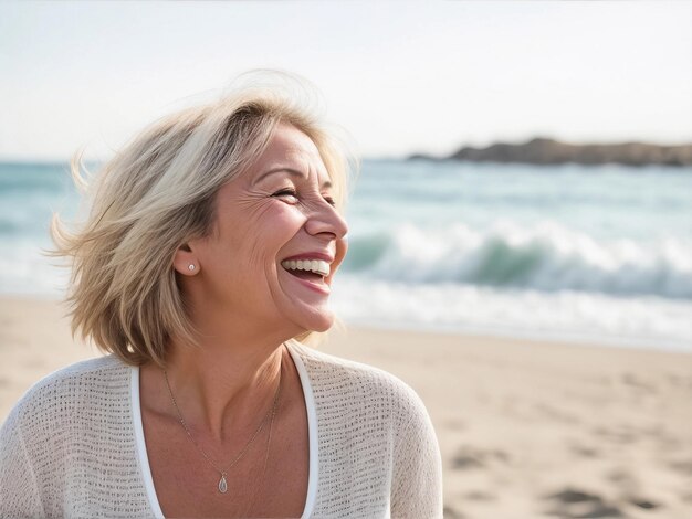 Ritratto ravvicinato di una bella donna matura che sorride alla telecamera sulla spiaggia