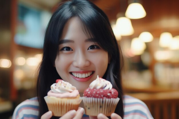 Ritratto ravvicinato di una donna asiatica che mostra due cupcakes vicino al viso e sorride, ama la pasticceria, si diverte a mangiare.