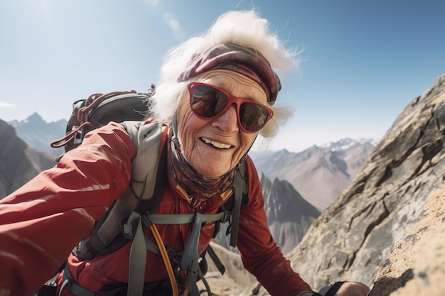 Ritratto ravvicinato di una donna dai capelli d'argento di anni che sale in cima alla montagna