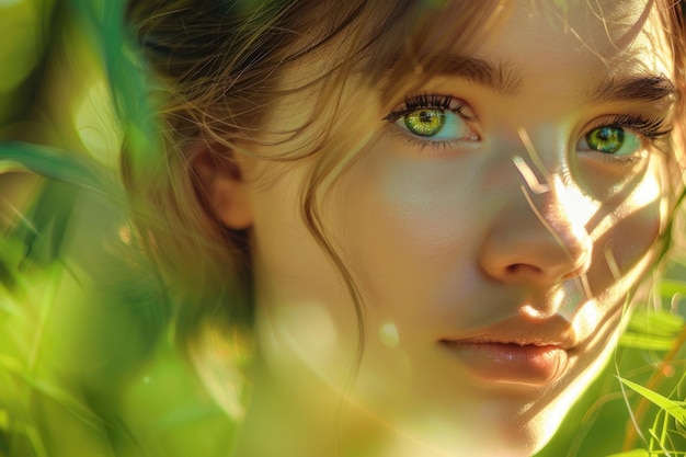 Ritratto ravvicinato di una giovane donna bellissima sullo sfondo verde natura estiva