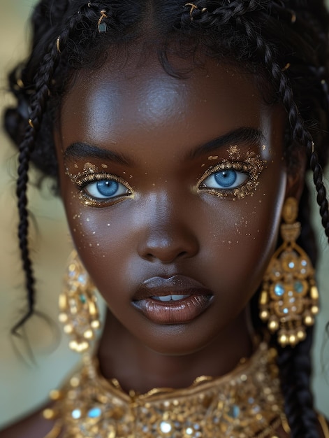 Ritratto ravvicinato di una giovane donna di pelle scura occhi blu gioielli dorati stile bellezza soprannaturale pelle ben curata