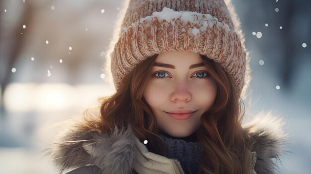 Ritratto ravvicinato di una giovane donna scandinava con un caldo cappello a maglia sullo sfondo di una foresta innevata invernale e fiocchi di neve che cadono