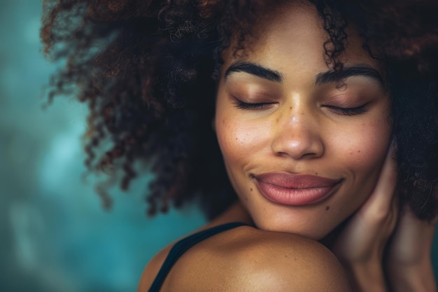 Ritratto ravvicinato di una giovane donna sorridente con i capelli ricci e la pelle impeccabile bellezza e felicità