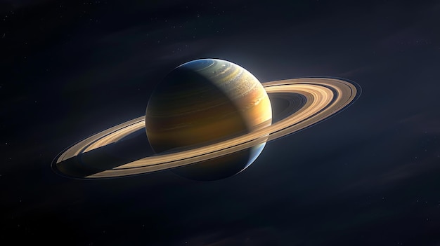 Ritratto realistico di Saturno che si concentra sui suoi maestosi anelli e sulla superficie del pianeta da un angolo inclinato