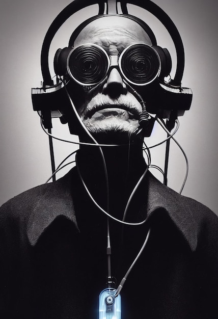 Ritratto realistico di un nonno in uno stile cyberpunk futuristico con un cyber headset