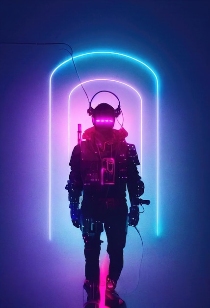 Ritratto realistico di un uomo con un abito cyberpunk con uno sfondo di luce al neon