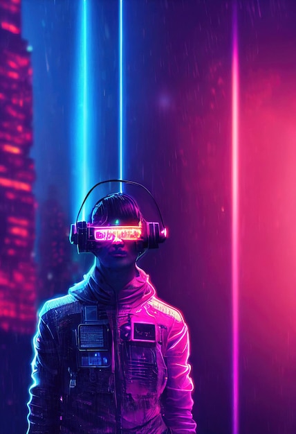 Ritratto realistico di un uomo con un abito cyberpunk con uno sfondo di luce al neon