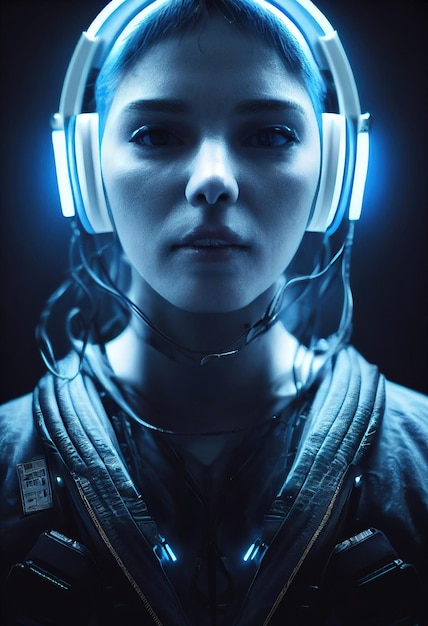 Ritratto realistico di una ragazza cyberpunk scifi. Donna futuristica hightech dal futuro.