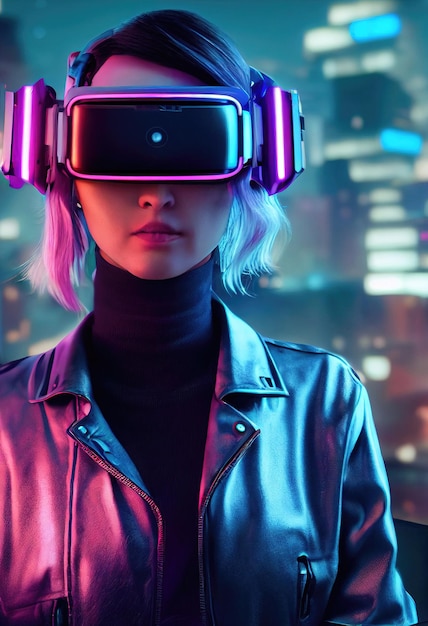 Ritratto realistico di una ragazza cyberpunk scifi. Donna futuristica hightech dal futuro.