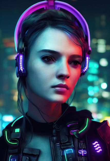 Ritratto realistico di una ragazza cyberpunk scifi. Donna futuristica hightech dal futuro.