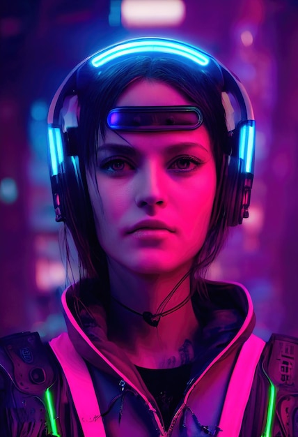 Ritratto realistico di una ragazza cyberpunk scifi. Donna futuristica hightech dal futuro.