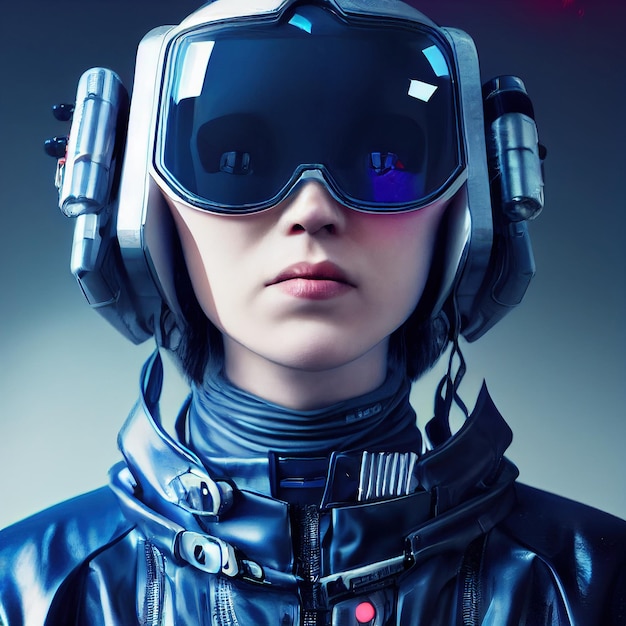 Ritratto realistico di una ragazza cyberpunk scifi in una tuta cibernetica Uomo futuristico hightech dal futuro