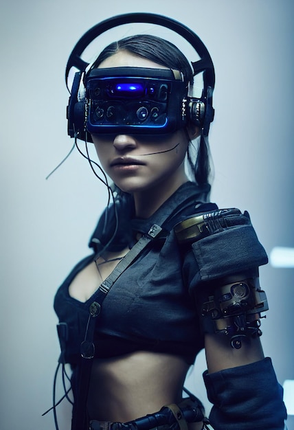 Ritratto realistico di una ragazza cyberpunk scifi in una tuta cibernetica Uomo futuristico hightech dal futuro