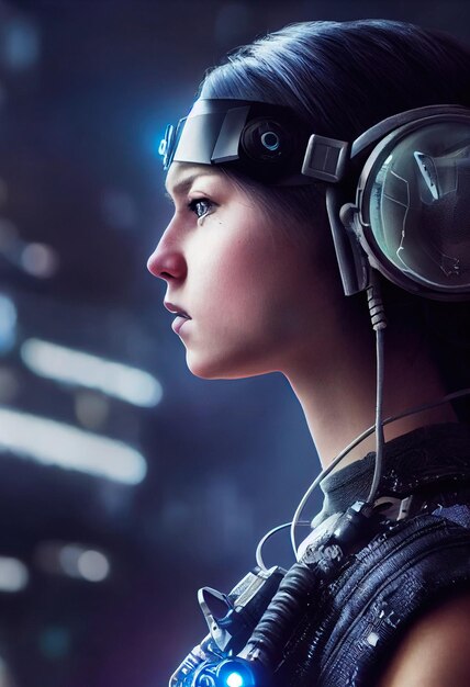 Ritratto realistico di una ragazza cyberpunk scifi in una tuta cibernetica Uomo futuristico hightech dal futuro