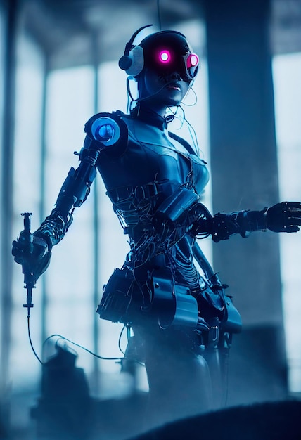 Ritratto realistico di una ragazza cyberpunk scifi in una tuta cibernetica Uomo futuristico hightech dal futuro