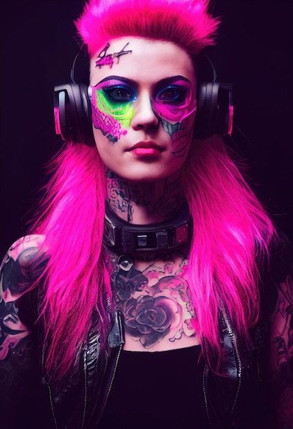 Ritratto realistico di una ragazza punk immaginaria con cuffie e capelli rosa. Ragazza hipster