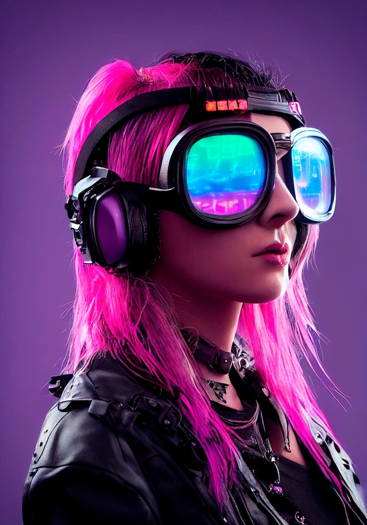 Ritratto realistico di una ragazza punk immaginaria con cuffie e capelli rosa.
