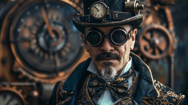 Ritratto retrofuturistico di un uomo steampunk che indossa un cappello e occhiali da sole