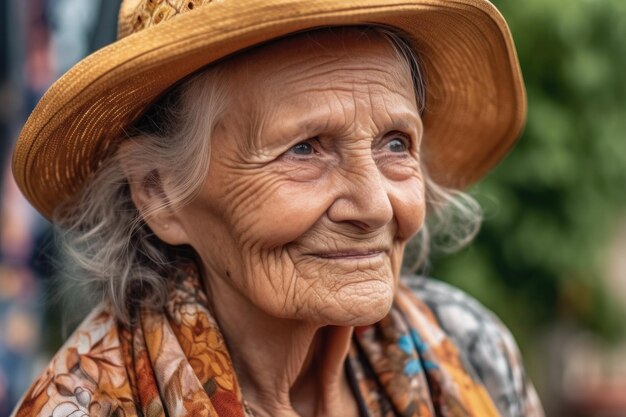 Ritratto ritagliato di una donna anziana che si gode la giornata all'aria aperta creato con l'IA generativa