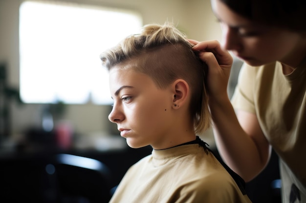 Ritratto ritagliato di una giovane donna che si fa tagliare i capelli in un salone creato con l'IA generativa