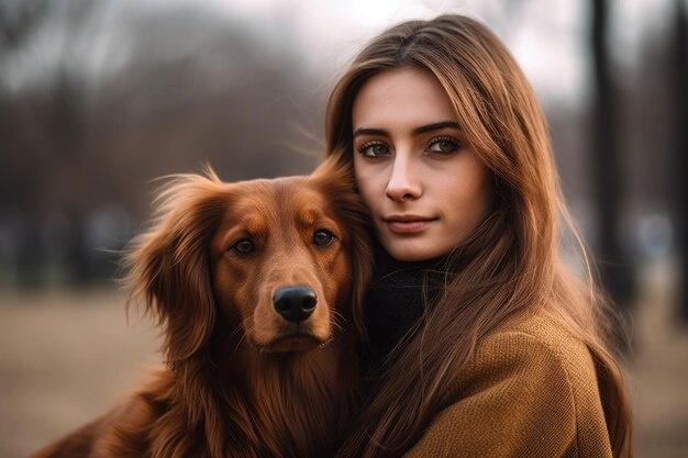 Ritratto ritagliato di una giovane donna con il suo cane al parco creato con l'IA generativa