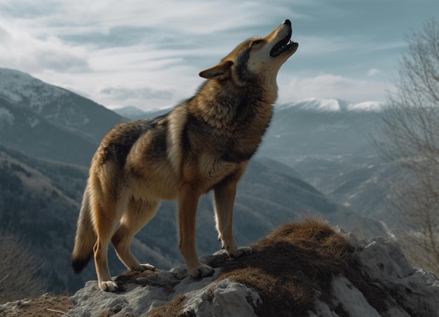 Ritratto scenico del lupo che ruggisce sopra la montagna generativa ai