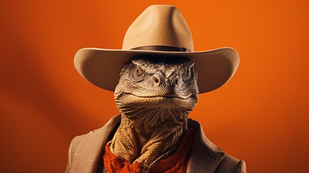 Ritratto sci-fi minimalista Drago di Komodo con cappello da cowboy