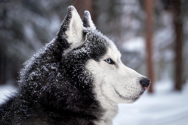 Ritratto scuro magnifico cane husky siberiano con occhi azzurri Il cane husky nella foresta invernale si trova sulla neve Primo piano
