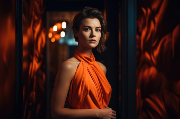 Ritratto sofisticato di una donna con un abito arancione neon e uno sfondo elegante