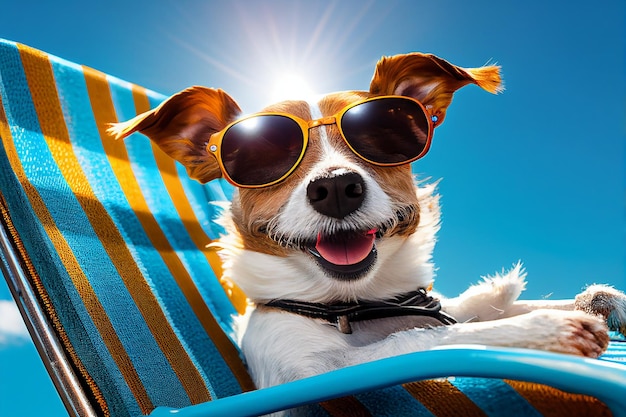 Ritratto sorridente simpatico cane in occhiali da sole giace nel lettino sulla spiaggia al sole giorno d'estate concetto di viaggio vacanze estive creato con intelligenza artificiale generativa