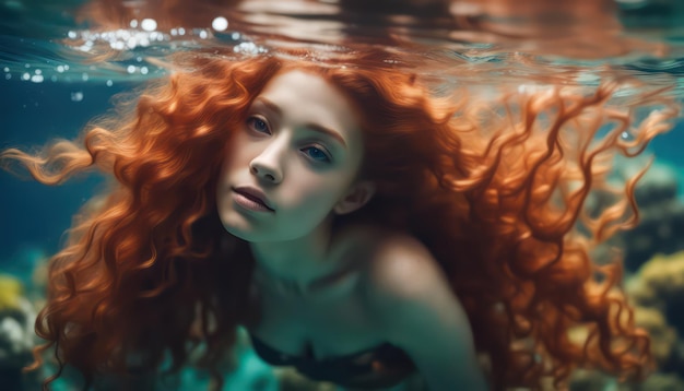 Ritratto sottomarino incantato di una donna dai capelli rossi.