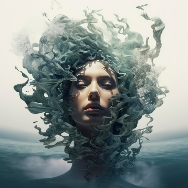 Ritratto subacqueo dell'effetto doppia esposizione della ragazza medusa