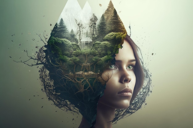 Ritratto surreale di una donna con una foresta che le cresce nella testa