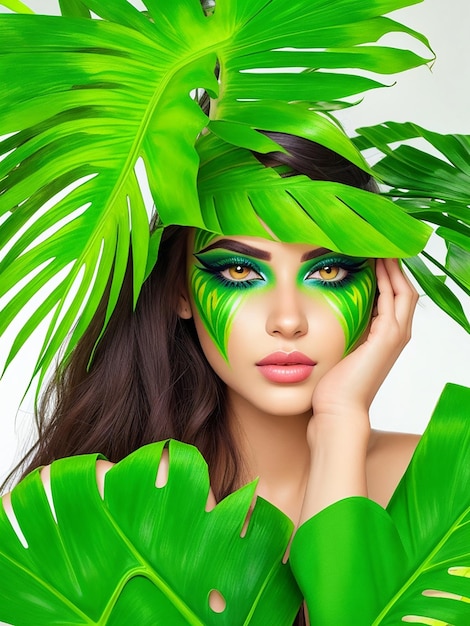 Ritratto tropicale di una bella donna con foglie di palma e trucco verde brillante