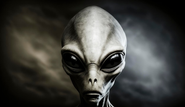 Ritratto umanoide alieno su sfondo scuro Invasione di extraterrestri Rapimento alieno Creato con intelligenza artificiale generativa