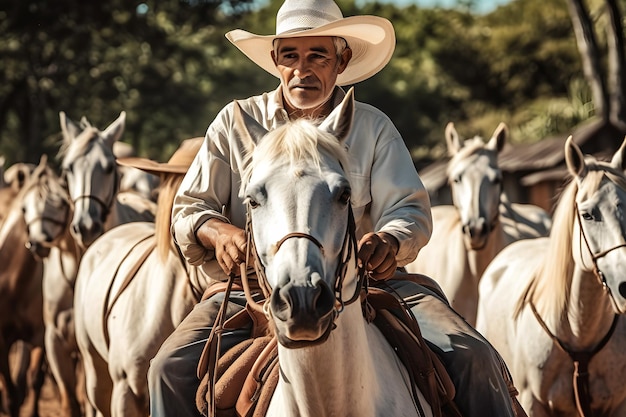Ritratto uomo anziano in cappello da cowboy a cavallo sul sentiero di montagna Rete neurale generata dall'IA