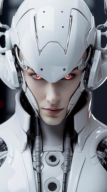 Ritratto verticale di un robot femminile in primo piano su uno sfondo scuro vista dritta AI generativa