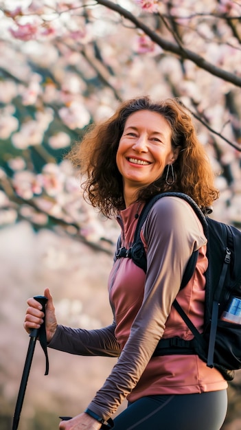 Ritratto verticale di una donna adulta che fa un'escursione in montagna rilassandosi e ammirando il fiore di ciliegio