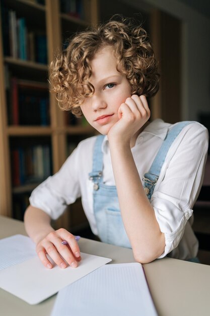 Ritratto verticale di una piccola studentessa piuttosto riccia seduta alla scrivania vicino alla finestra e pensando con la penna in mano guardando la fotocamera
