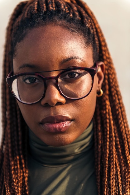 Ritratto verticale ravvicinato di una giovane donna nera con gli occhiali che guarda la telecamera, concetto di gioventù e diversità razziale