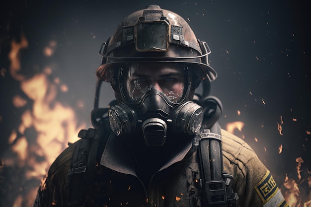 Ritratto Vigile del fuoco uomo che indossa tuta antincendio protettiva e casco con attrezzatura AI Generation